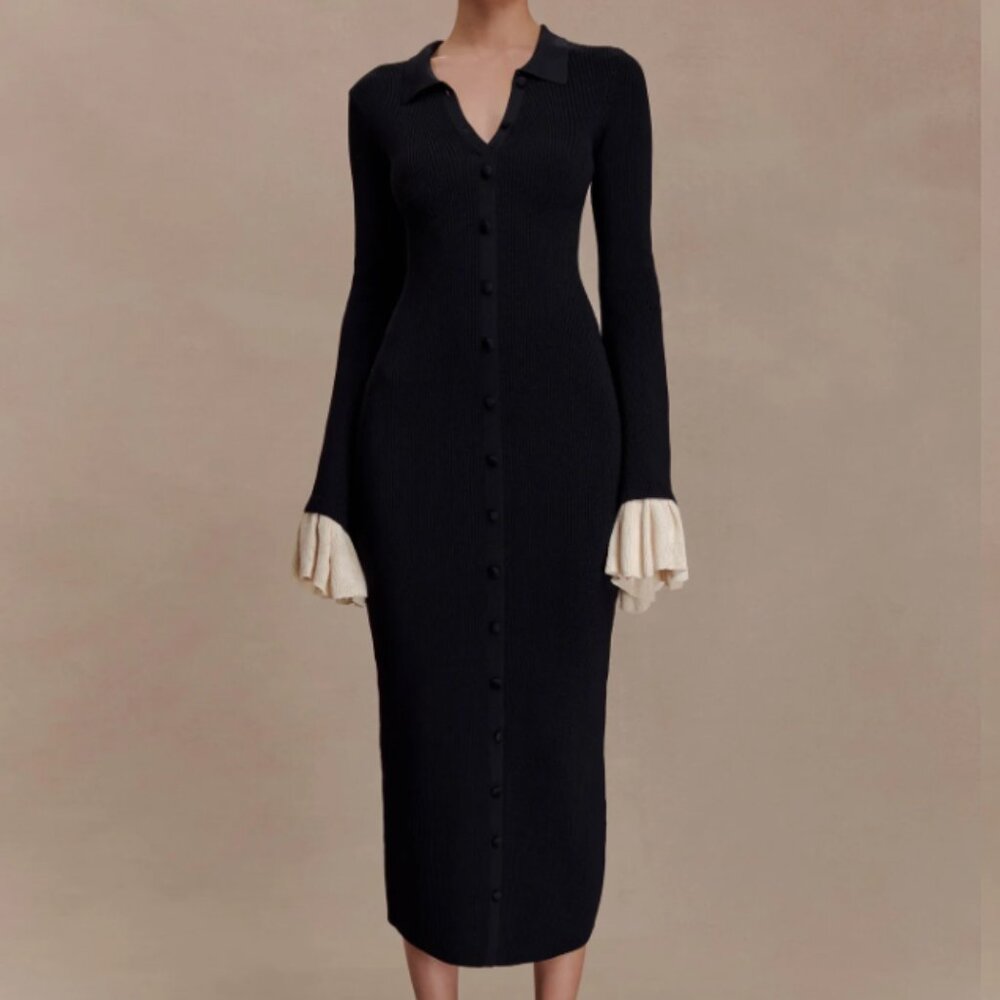 Amirose Ruffle Knit Midi Dress - Black